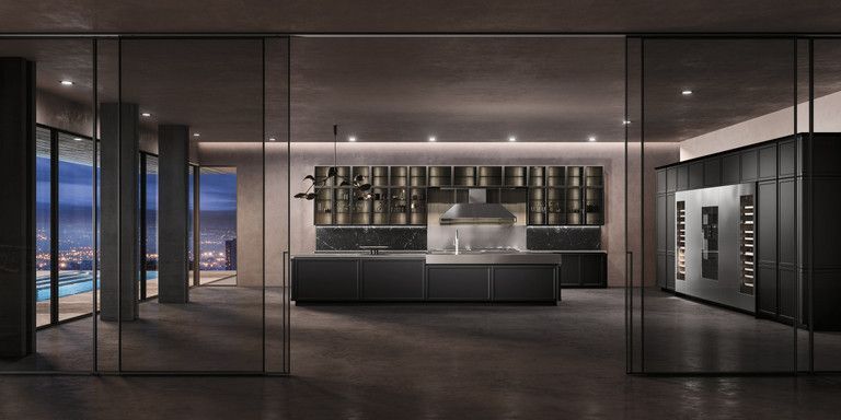 Rappresentazione artistica di una cucina moderna con porte scorrevoli in vetro.