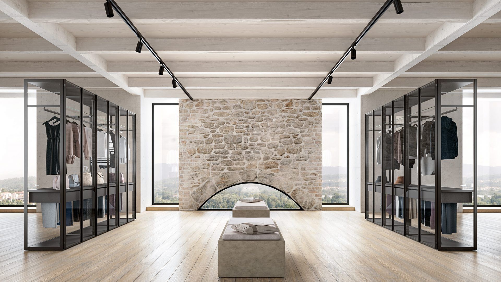 Una grande cabina armadio con una parete in mattoni e un camino.