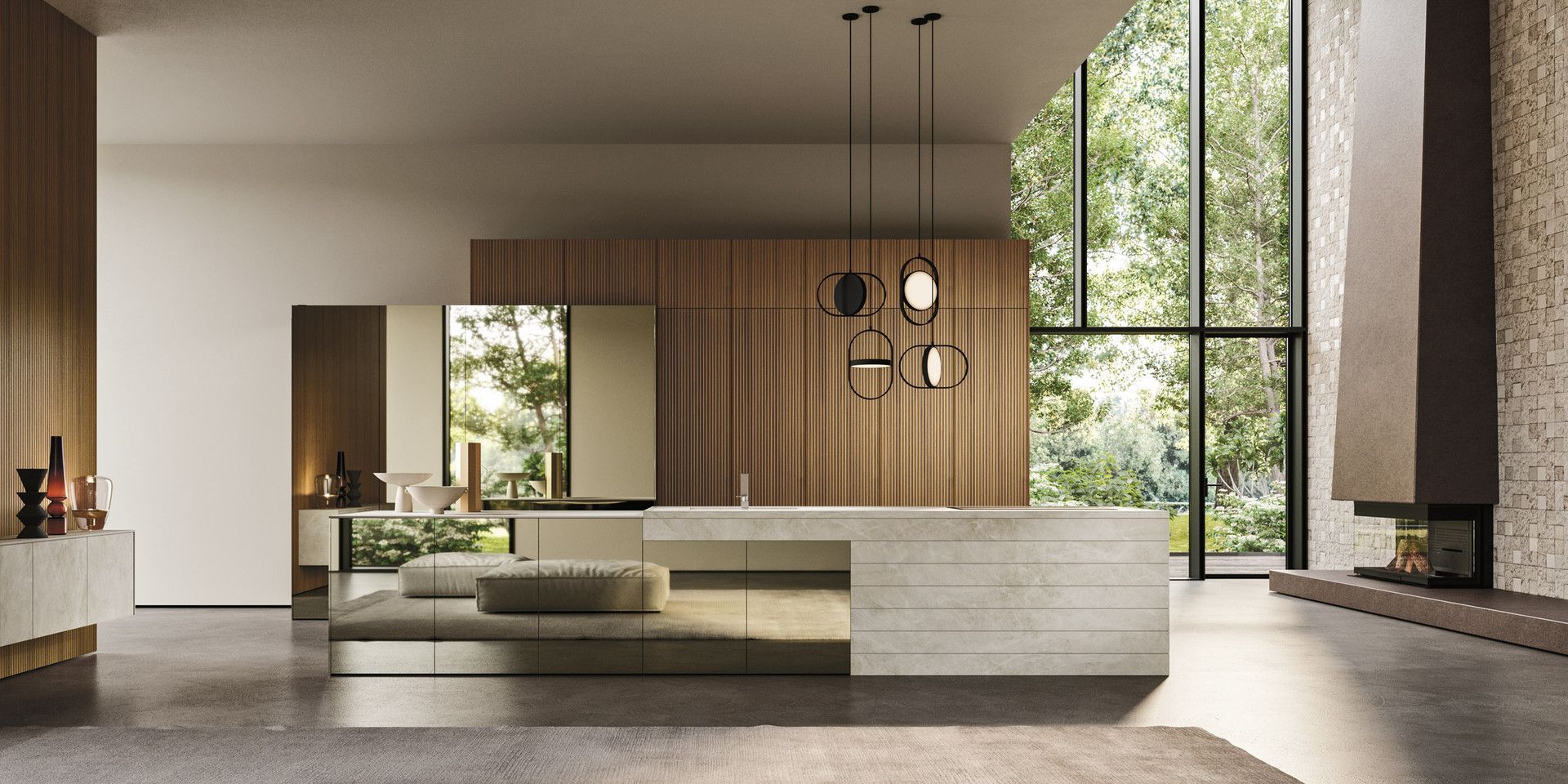 Una cucina con una grande isola e una grande finestra