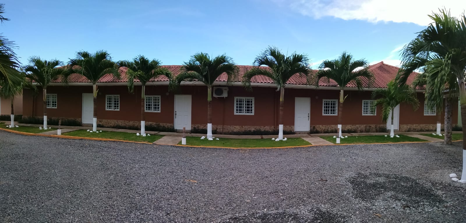 Una hilera de casas con palmeras delante de ellas.