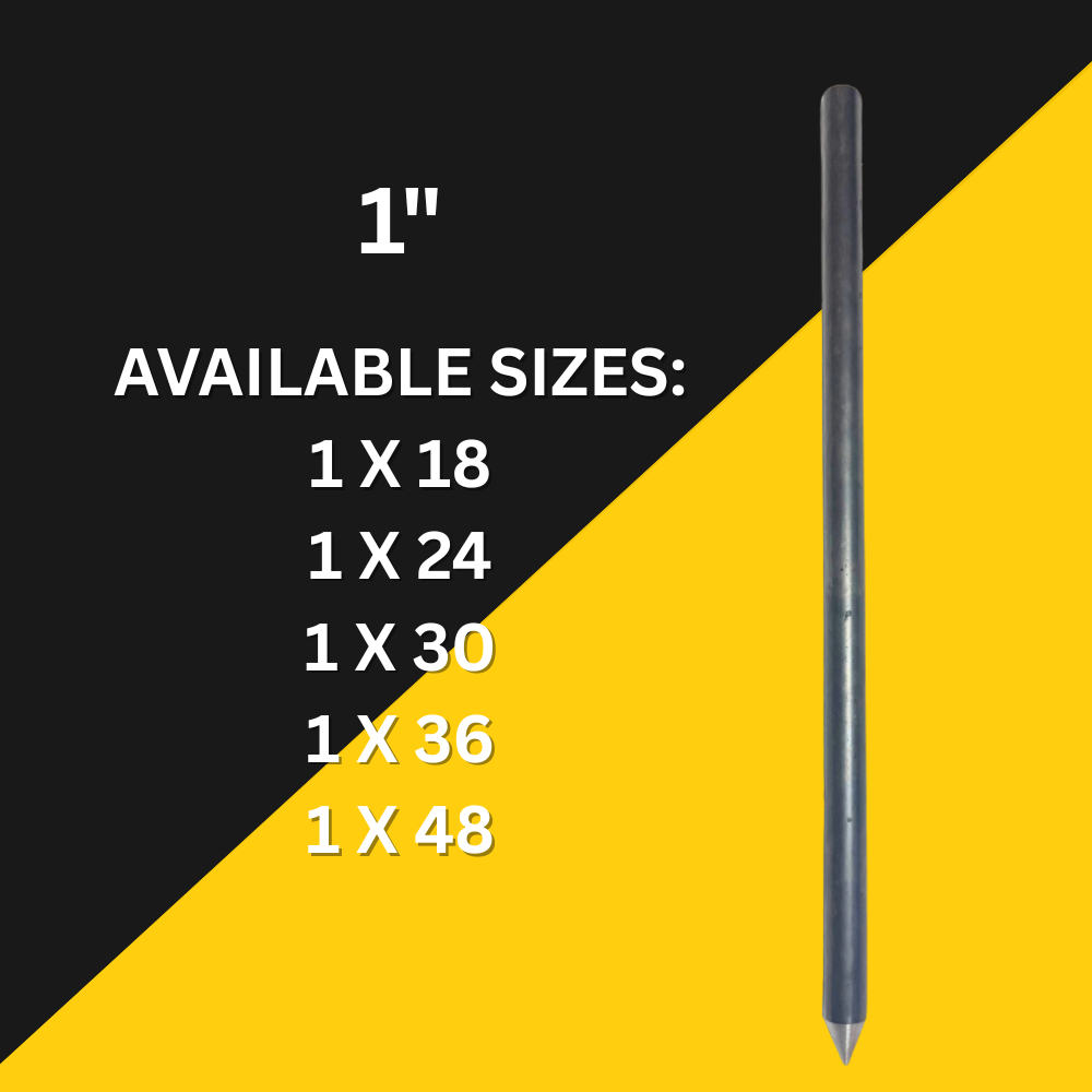 Black metal stake with a pointed end, listing available sizes: 1 X 18, 1 X 24, 1 X 30, 1 X 36, and 1 X 48, on yellow/black background.