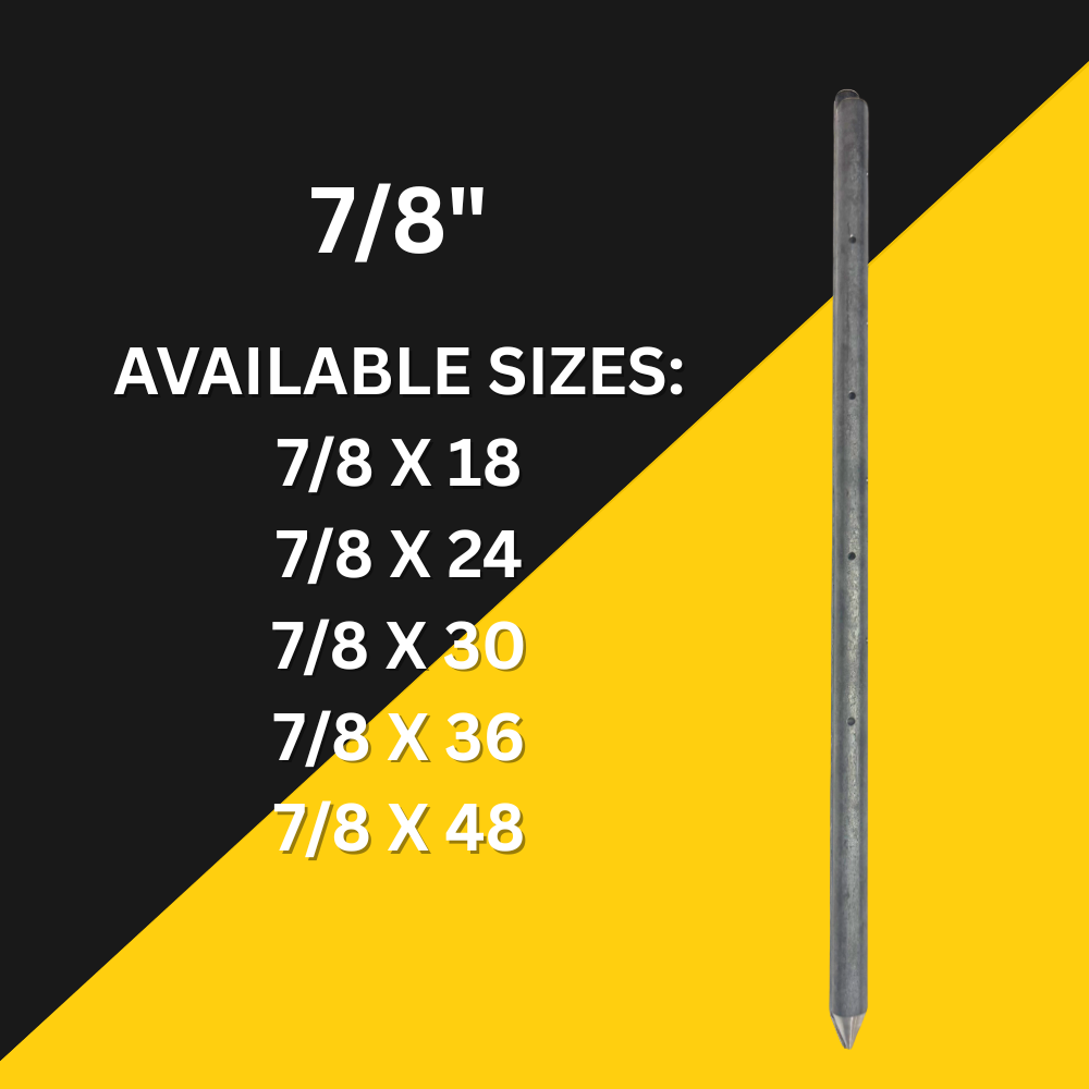 Ground rod with sizes: 7/8 X 18, 24, 30, 36, and 48. Text on black/yellow background.