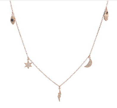 Collar de oro rosa con charms colgantes: estrella, luna, rayo, ojo y mano.