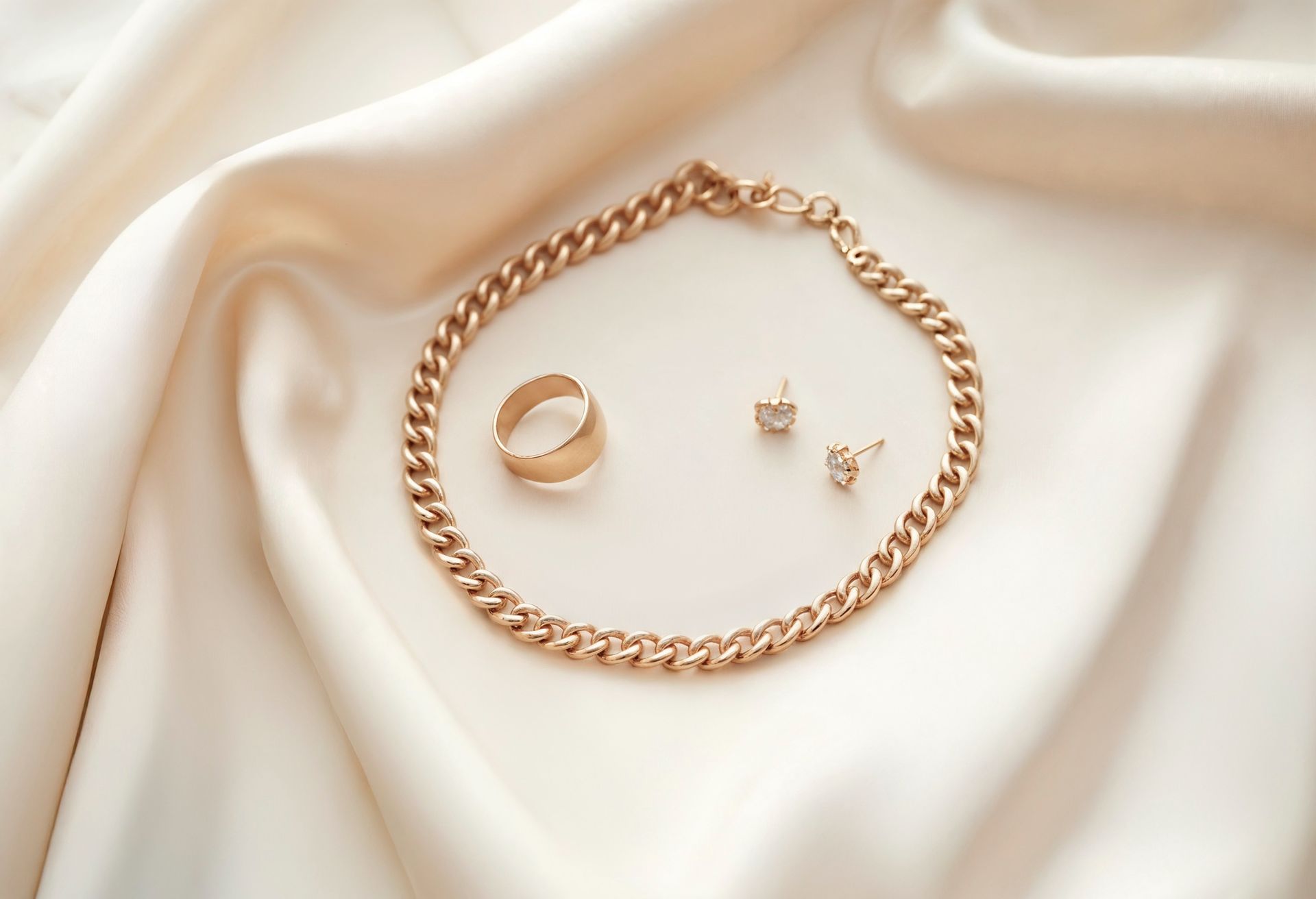 Conjunto de joyas de oro sobre tela de seda color crema: collar, pendientes y anillo.