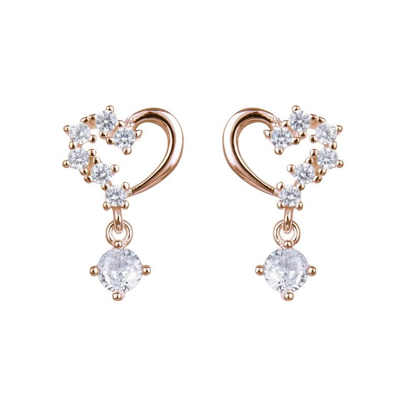 Pendientes en forma de corazón de oro rosa con circonitas cúbicas redondas colgantes.
