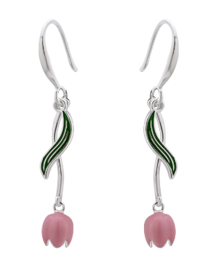 Pendientes de plata con gotas en forma de tulipán rosa y tallos esmaltados en verde.