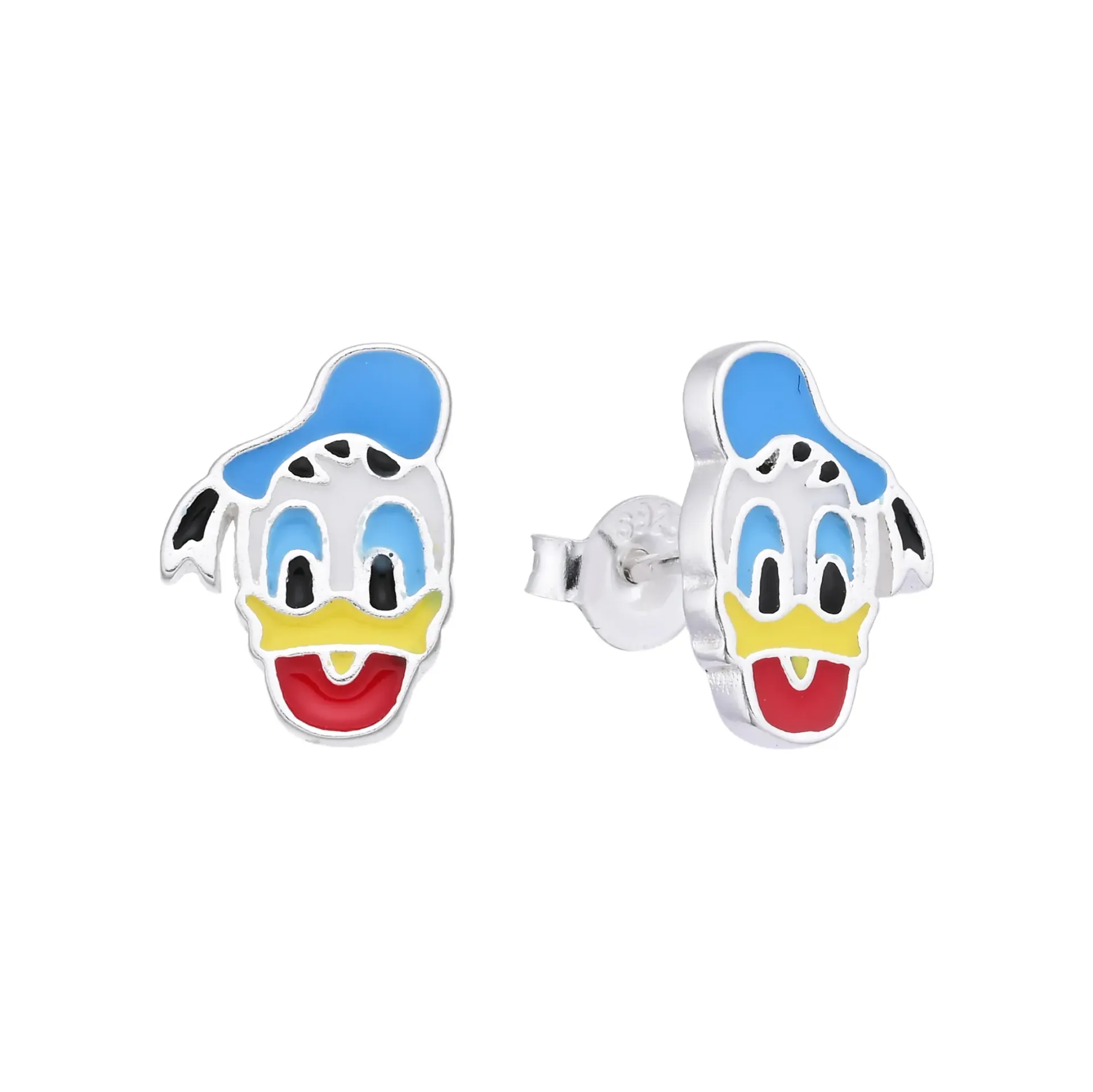 Pendientes de plata del Pato Donald con detalles de esmalte azul, blanco, amarillo y rojo.