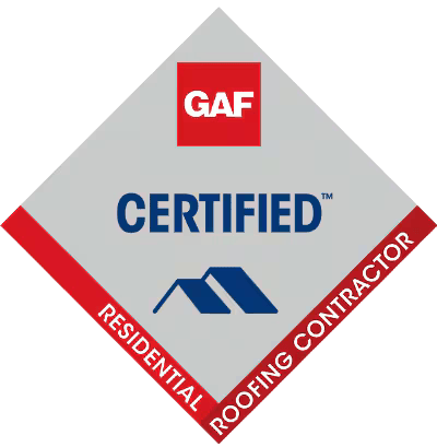 GAF Certified Residential Roofing Contractor logo. Red, grey, and blue design.