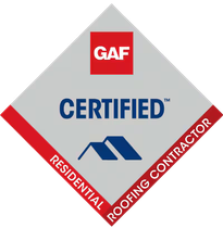 GAF Certified Residential Roofing Contractor logo. Red, grey, and blue design.