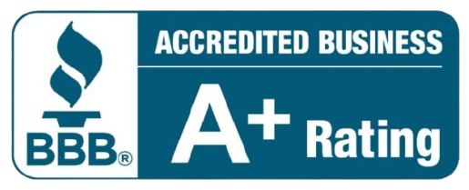 BBB A+ Rating logo. A blue square with white text that reads 