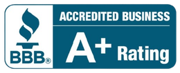 BBB A+ Rating logo. A blue square with white text that reads