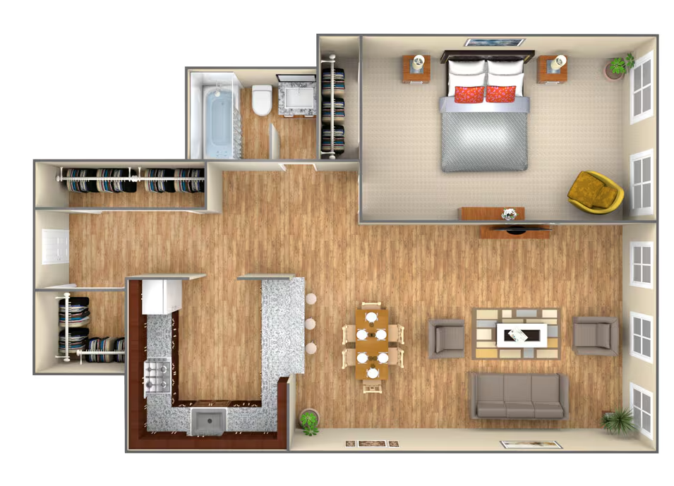 Floor plan of an apartment with bedroom, bathroom, kitchen, and living room, furnished with wood flooring.