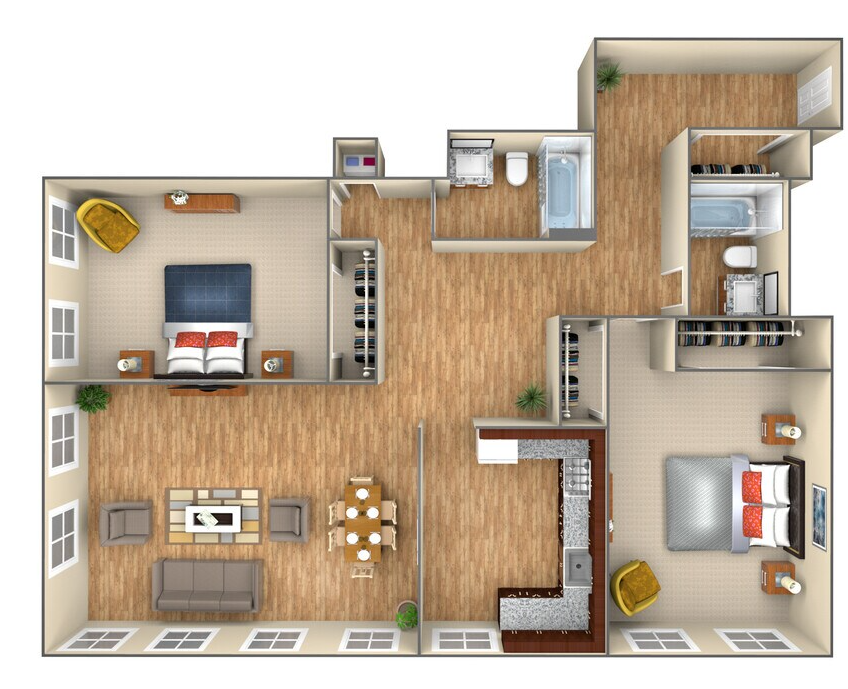 Floor plan of a multi-room apartment, including two bedrooms, two bathrooms, a kitchen, and a living room.
