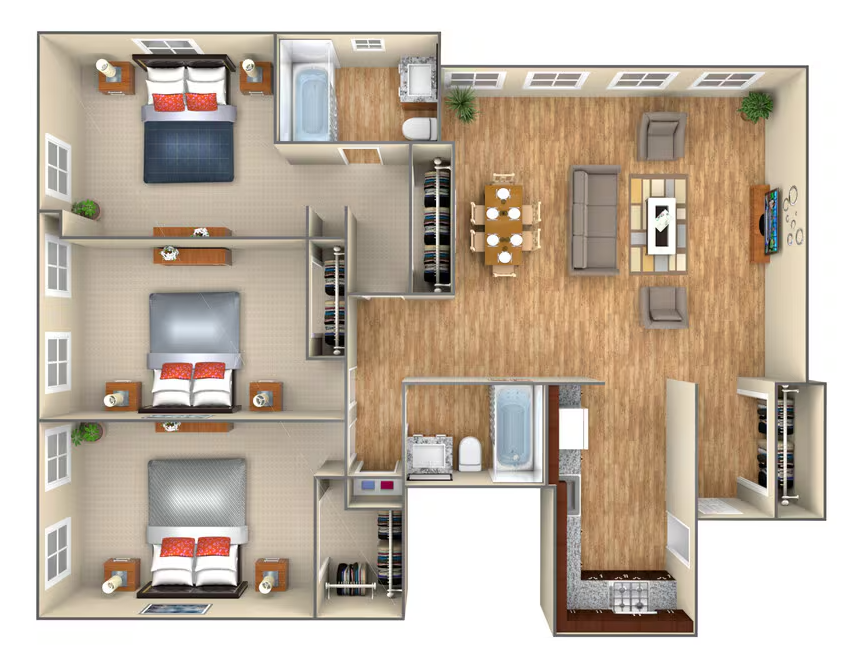 Floor plan of a three-bedroom apartment. Each bedroom has a bed. Kitchen, living, and dining areas are visible.