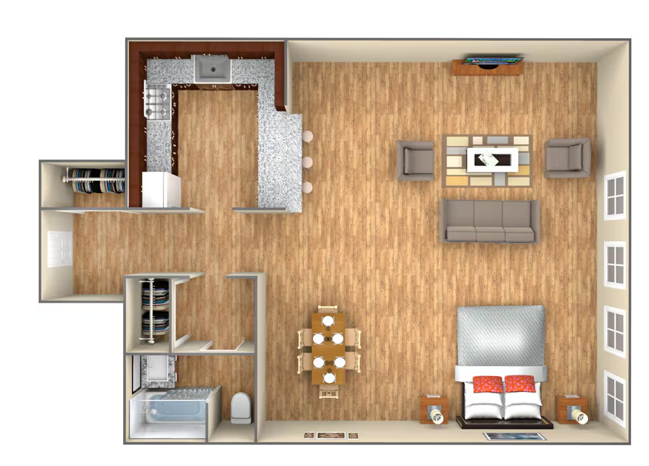 Floor plan of a one-bedroom apartment. Kitchen, living room, dining area, bedroom, and bathroom are visible.