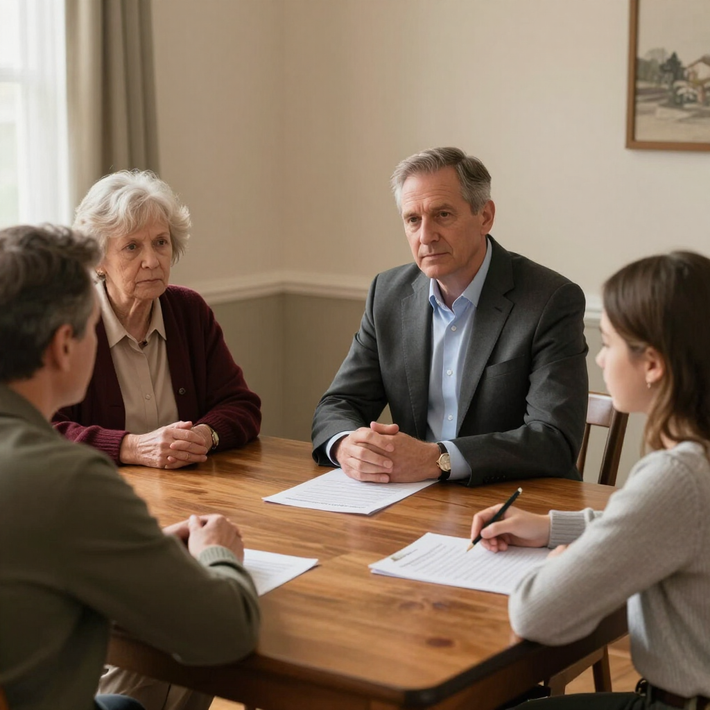 four people sitting at table for a meeting