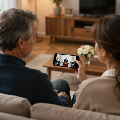 Couple watching livestreamed funeral on a cell phone