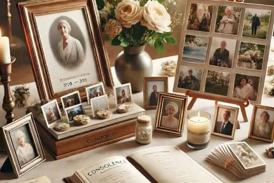 A photo of a table with photos and memorabilia
