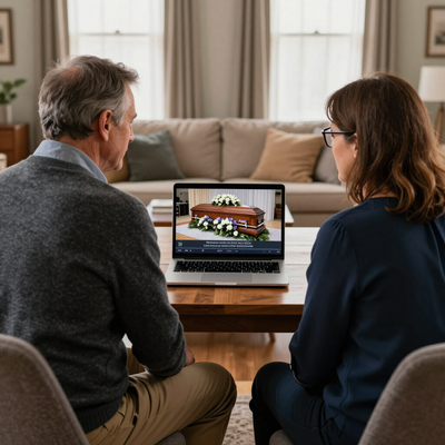 Couple watching livestreamed funeral on a laptop computer