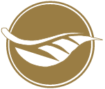 A white leaf in a gold circle on a white background.