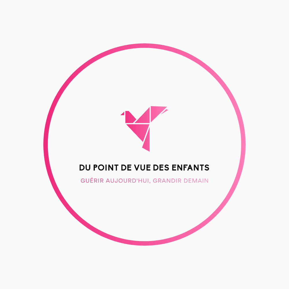 Pink circle logo with origami bird, text reads 