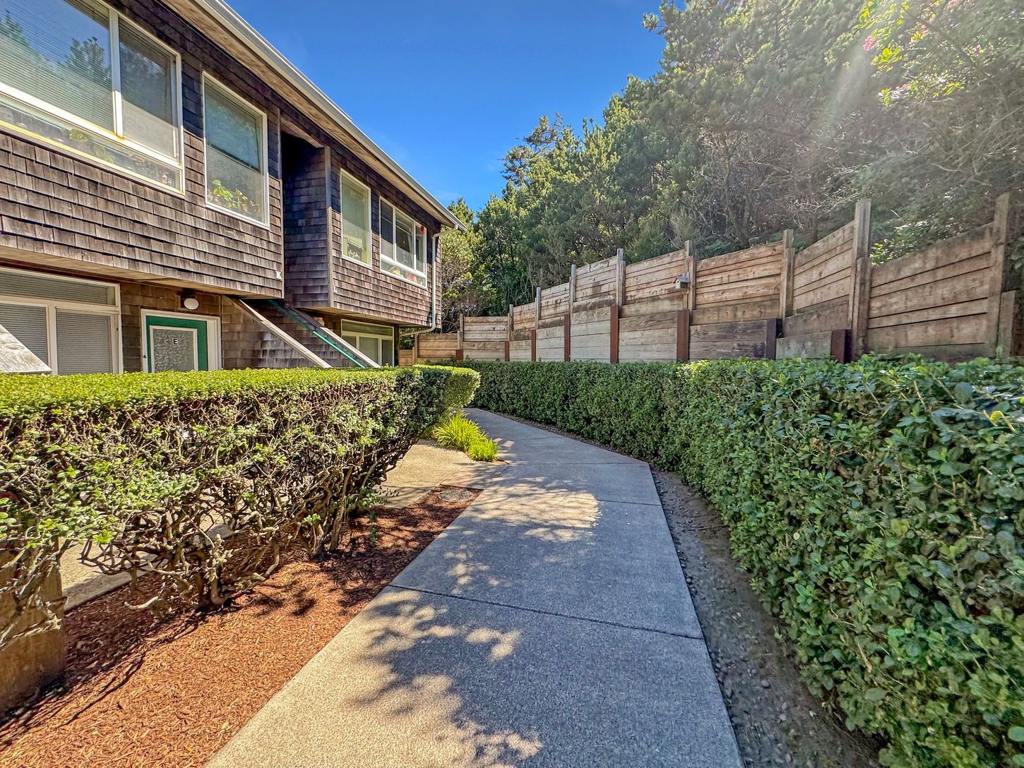 A sidewalk leading to a house with a wooden fence and bushes.
