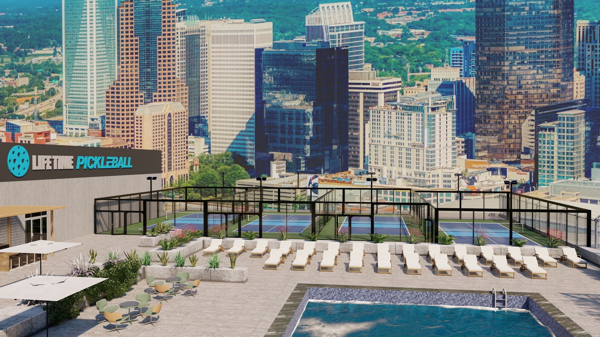 Rooftop pickleball courts with city skyline backdrop; lounge chairs and pool in foreground.