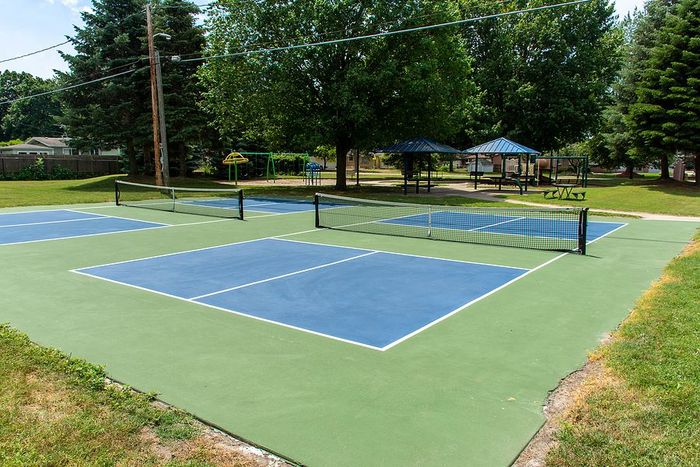 Outdoor pickleball courts; blue and green surfaces; net, trees, and pavilion in the background.