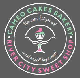 A logo for cameo cakes bakery river city sweet shop