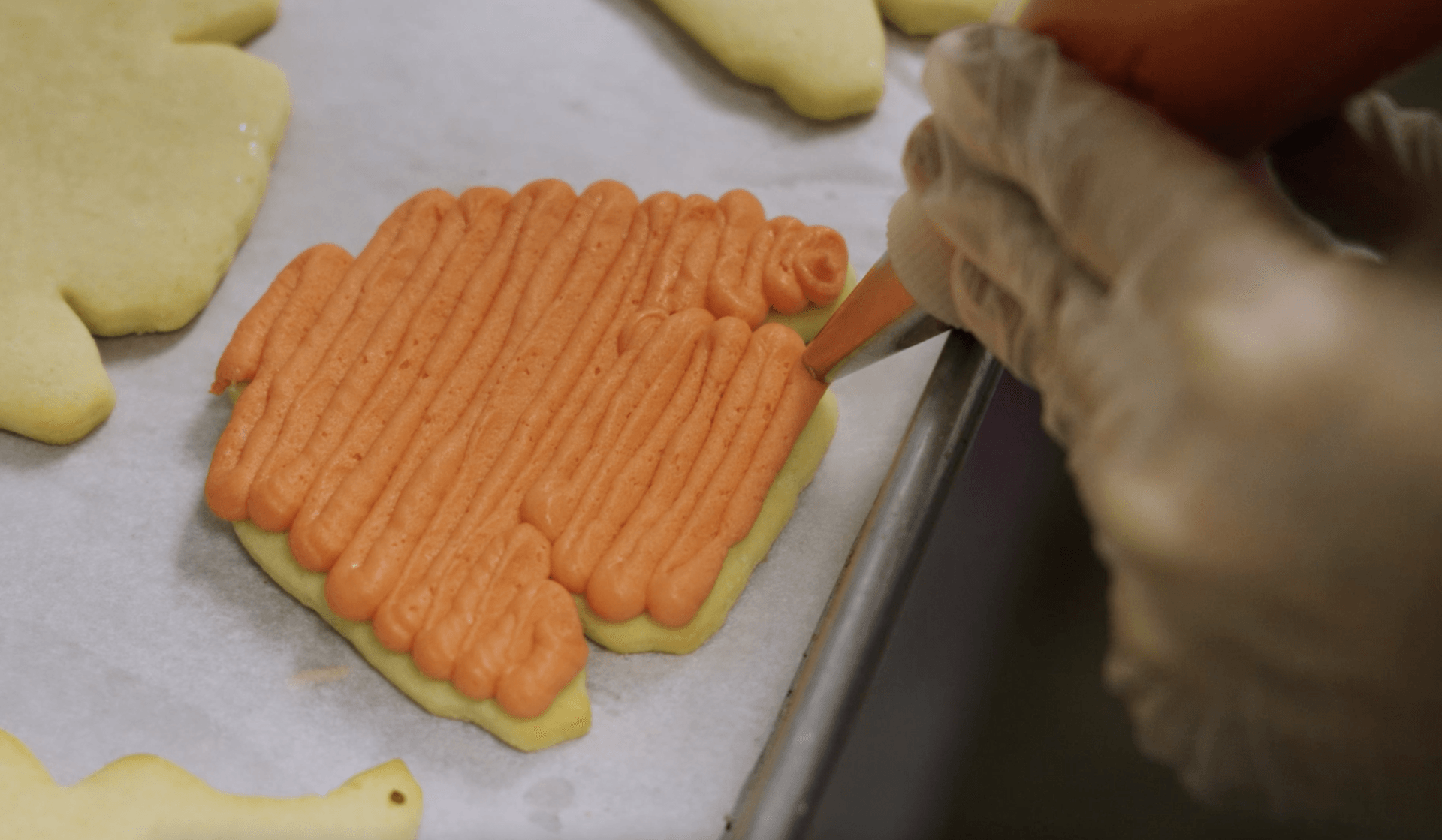 A gloved hand puts orange icing on a cookie