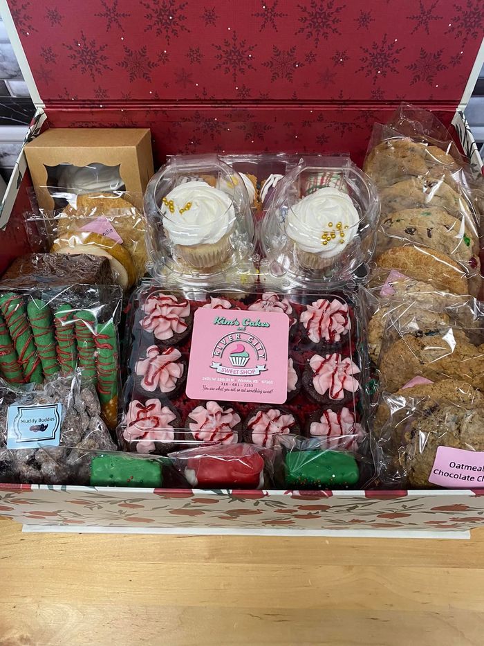 a holiday themed gift box of baked goods