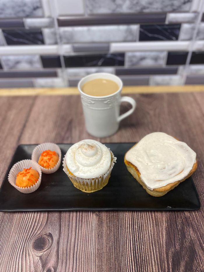 Pumpkin spice latte, cakeballs, cupcake, and cinnamon roll