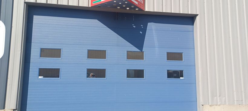 Blue garage door with eight rectangular windows. A person is visible in one of the windows.