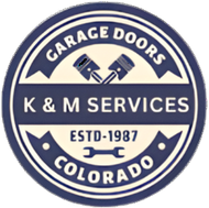 Logo for K & M Services. Navy circle with 