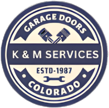 Logo for K & M Services. Navy circle with 