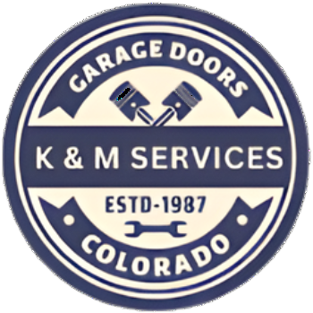 Logo for K & M Services. Navy circle with 