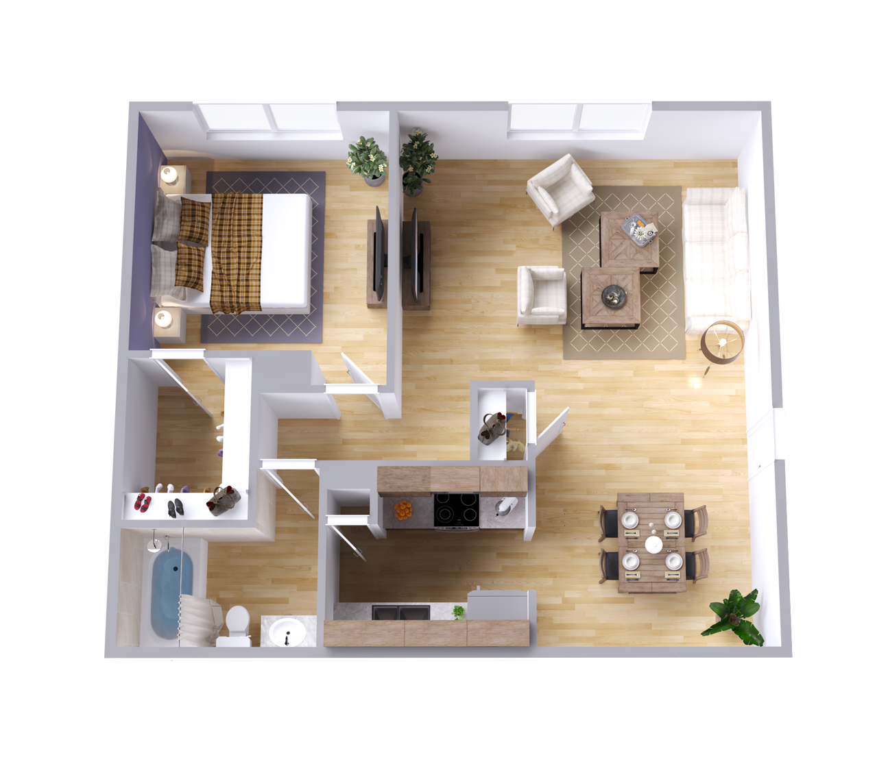A 3d floor plan of a small apartment with a bedroom , living room , dining room , and kitchen.