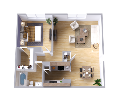 A 3d floor plan of a small apartment with a bedroom , living room , dining room , and kitchen.