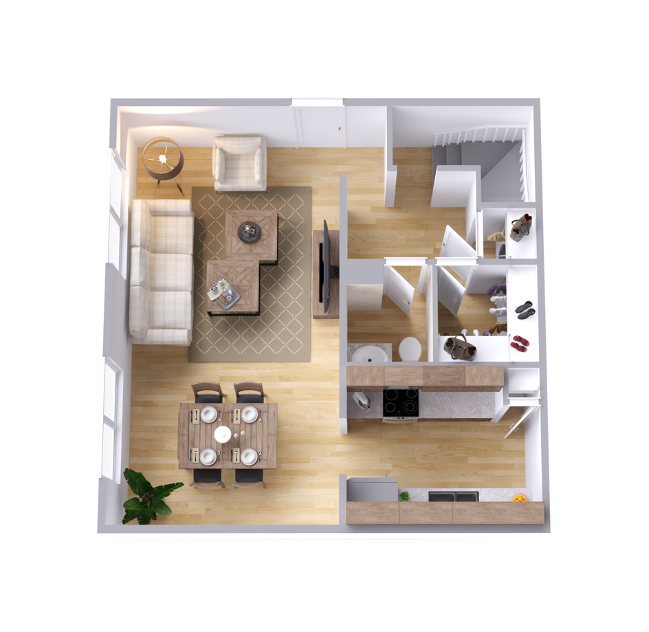 A 3d floor plan of a small apartment with a living room , dining room , and kitchen.