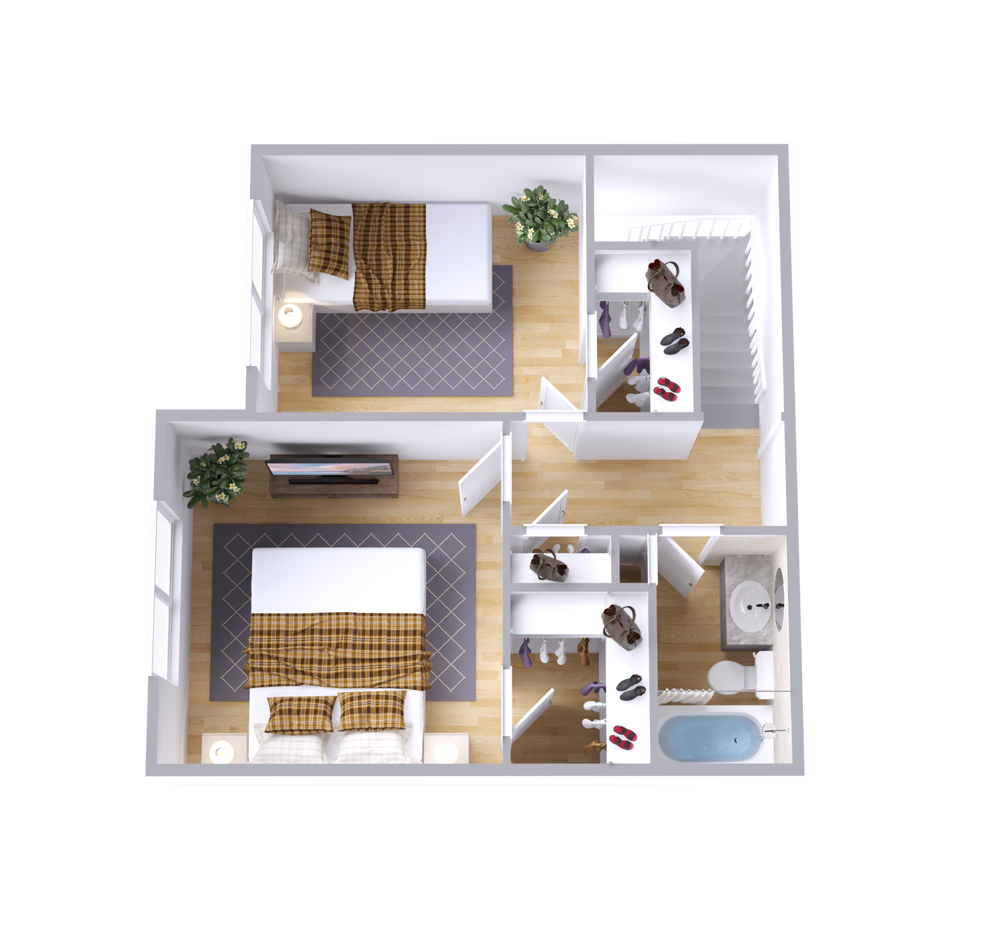 A 3d floor plan of a house with two bedrooms and a bathroom.