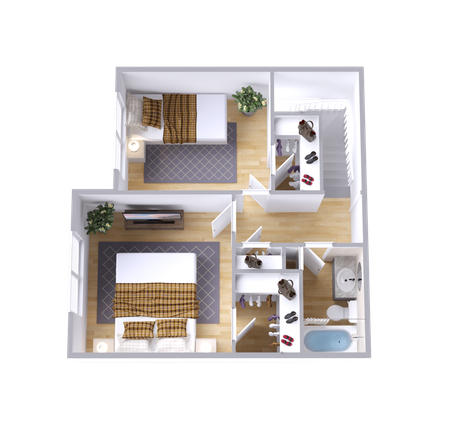 A 3d floor plan of a house with two bedrooms and a bathroom.