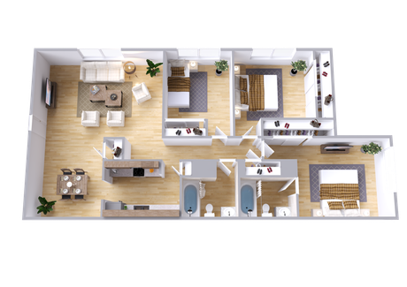 An aerial view of a floor plan of a house.