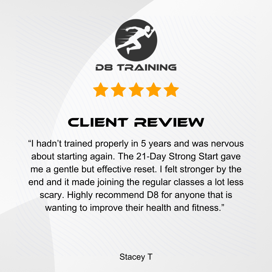 Client review for DB Training with a 5-star rating; text praising the 21-day program.