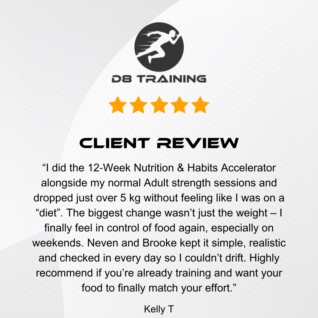 Client review for DB Training. Text states weight loss of 5 kg, improved food control.  Author, Kelly T.