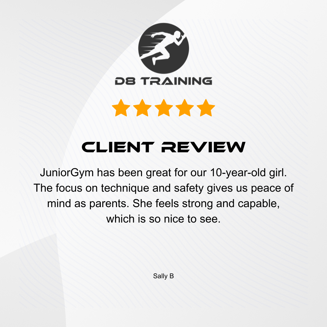 Client review: JuniorGym praised, focusing on technique and safety for a 10-year-old girl, enhancing strength and capability.