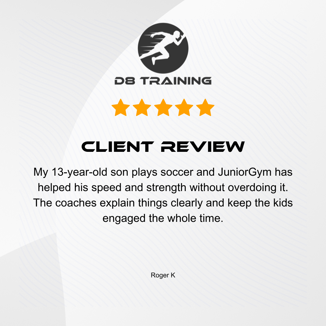 Client review for DB Training. Mentions a 13-year-old improving speed and strength at JuniorGym, with clear coaching and engagement.