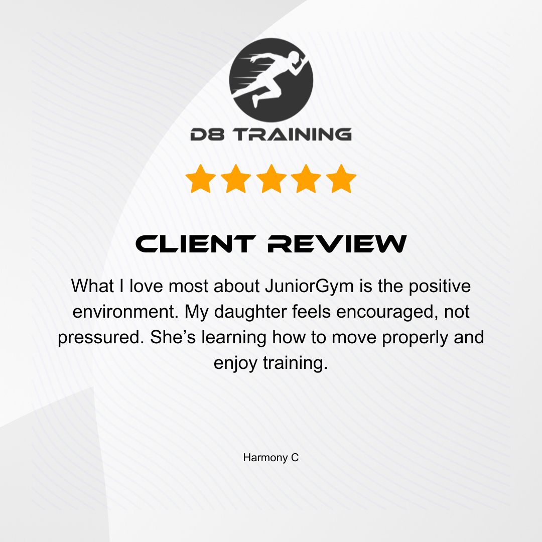 Client review for DB Training.  Five-star rating. Text: Positive environment, daughter feels encouraged, learns to move properly.