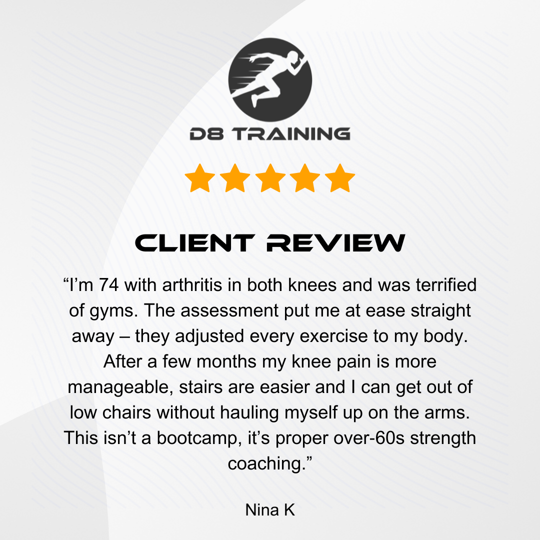 Client review: Elderly woman's testimonial on strength coaching. Logo with runner. Text: knee pain improved, stairs easier.