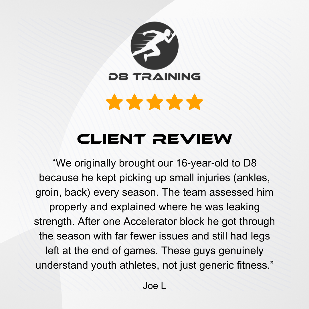 Client review for DB Training with a 5-star rating. A quote from Joe L highlights improved athlete health and understanding of youth fitness.
