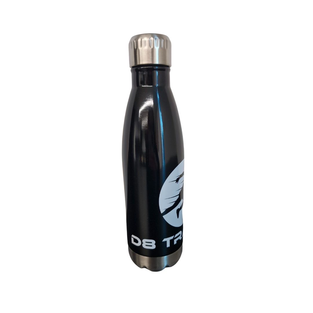 A black water bottle with a man running on it